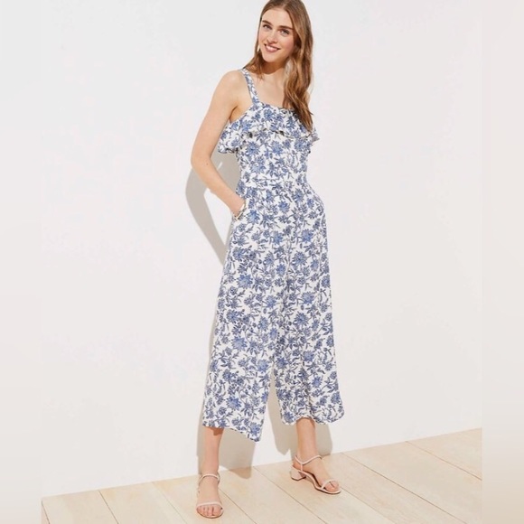 LOFT Pants - Loft Blue And White Trellis Floral Ruffle Jumpsuit